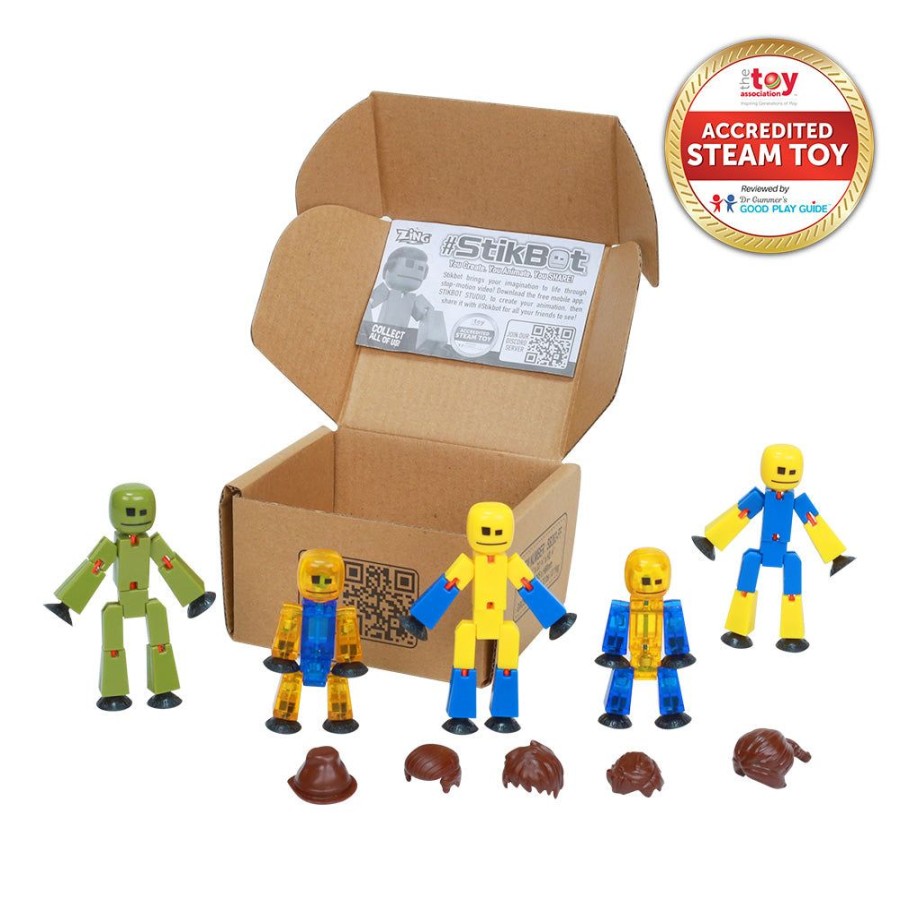 Animation Toys Stikbot | Stikbot Special Family Pack - Pack Of 3 Stikbots, 2 Stikbot Juniors & Hair Accessories