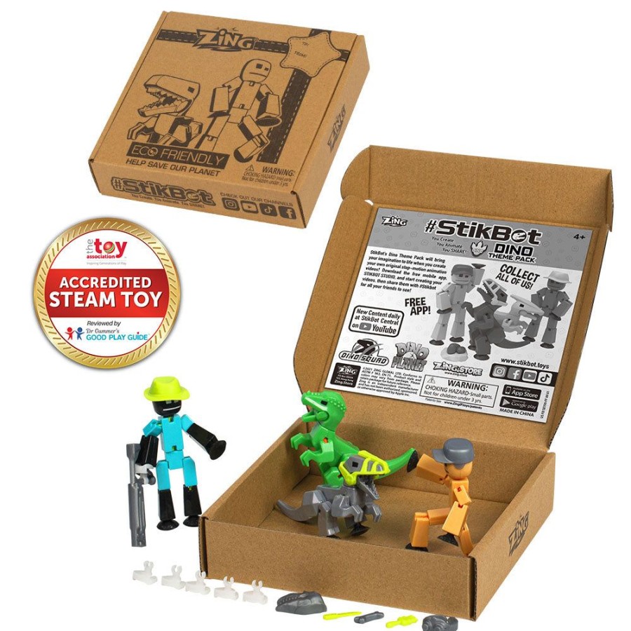 Animation Toys Stikbot | Stikbot Dino Theme Pack Bundle (2 Stikbots, 2 Dinos And Dino-Themed Accessories)